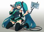  aqua_hair aqua_nails chan_co full_body hatsune_miku long_hair microphone nail_polish solo thighhighs twintails very_long_hair vocaloid zettai_ryouiki 