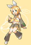  aqua_eyes bad_id bad_pixiv_id blonde_hair detached_sleeves food fruit hair_ornament hair_ribbon hairclip index_finger_raised kagamine_rin midriff open_mouth orange orange_(color) ribbon short_hair shorts simple_background smarttiger smile solo vocaloid yellow_background 