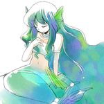  armband bad_id bad_pixiv_id bandeau closed_eyes green_hair hand_on_own_chest head_fins jewelry long_hair madou_monogatari mermaid midriff monster_girl multicolored_hair neck_ring puyopuyo seriri_(puyopuyo) sitting smile solo strapless tubetop white_background yurihi_koi 