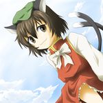  animal_ears bad_id bad_pixiv_id brown_eyes brown_hair cat_ears cat_tail chen day dress dutch_angle hat lowres mese multiple_tails sky solo tail touhou 