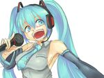  :d aqua_hair aryus bad_id bad_pixiv_id hatsune_miku long_hair microphone open_mouth smile solo twintails vocaloid 