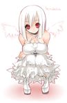  albino amanita_virosa bare_shoulders boots breasts cleavage cross dress jewelry large_breasts mushroom necklace oso-teki_kinoko_gijinka_zukan oso_(toolate) personification red_eyes skull sleeveless solo squatting staring white_hair wings 