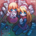  alouette_(rockman_zero) bangs blonde_hair blue_eyes blush_stickers calendar_(medium) cat ciel_(rockman) dress from_above gloves looking_up multiple_girls nakayama_tooru official_art pantyhose pointing pointing_at_viewer ponytail rockman rockman_zero rubble sleeveless sleeveless_dress 