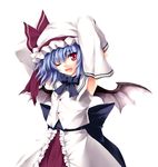  ;d alternate_costume bat_wings black_bow blue_hair bow bow_shirt buttons collared_shirt detached_sleeves fang frilled_skirt frills hat hat_ribbon highres mob_cap one_eye_closed open_mouth red_eyes red_ribbon remilia_scarlet ribbon sash shirt simple_background skirt sleeveless sleeveless_shirt smile solo source_request tateha_(marvelous_grace) touhou white_background white_hat white_shirt white_sleeves wings 