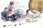  bad_id bad_pixiv_id blue_hair dress glasses hat kamishirasawa_keine koyomiuta long_hair scroll shoes silver_hair socks solo touhou traditional_media watercolor_(medium) 