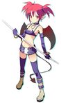  demon_tail disgaea elbow_gloves etna gloves makai_senki_disgaea midriff pointy_ears red_eyes red_hair short_hair smile solo tail tatsukichi thighhighs twintails wings 