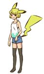  animal_ears bad_id bad_pixiv_id blonde_hair brown_eyes costume gen_1_pokemon lowres personification pikachu pikachu_ears pokemon pokemon_ears simple_background solo tail thighhighs white_background 
