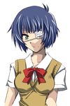  artist_request blue_hair bow bowtie collarbone eyepatch green_eyes ikkitousen looking_at_viewer mole mole_under_mouth red_bow ryomou_shimei school_uniform short_hair simple_background solo upper_body white_background 