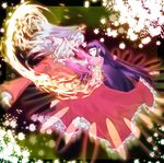  :d battle bow branch danmaku dress duel fire frilled_dress frills fujiwara_no_mokou hair_bow high_ponytail highres hikaru_(pixiv853286) houraisan_kaguya jeweled_branch_of_hourai long_hair multiple_girls open_mouth pants ponytail purple_hair red_eyes sarashi silver_hair smile suspenders touhou 