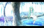  backlighting barefoot dress green_eyes green_hair hatsune_miku in_tree letterboxed long_hair looking_at_viewer pima_mashiro reflection scenery sitting sitting_in_tree solo tree twintails very_long_hair vocaloid water 