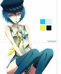  ass bare_shoulders blue_eyes blue_hair cabbie_hat copyright_name flat_chest hat kyuumoto_kuku legs looking_at_viewer mouth_hold necktie panties persona persona_4 shirogane_naoto short_hair simple_background sitting solo thighhighs underwear 