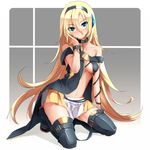  aqua_eyes bare_shoulders blonde_hair blush boots breasts chain collar colorized eto eyebrows_visible_through_hair highres kneeling lily_(vocaloid) long_hair medium_breasts navel off_shoulder smile solo strap_slip thigh_boots thighhighs underboob very_long_hair vocaloid 