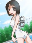  :o bare_shoulders black_eyes black_hair blue_sky cloud collarbone day dutch_angle fence highres looking_back nichijou okiami2009 one-piece_swimsuit pool shinonome_nano short_hair sky solo standing swimsuit tree wet white_swimsuit winding_key 