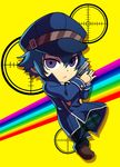  androgynous bad_id bad_pixiv_id blue_eyes blue_hair cabbie_hat chibi coat crossdressing detective gun handgun hat jinkai_yamizawa looking_at_viewer pants persona persona_4 persona_4:_the_ultimate_in_mayonaka_arena reverse_trap revolver serious shirogane_naoto shoes short_hair solo standing wavy_hair weapon 