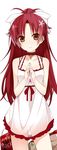  alternate_costume bad_id bad_pixiv_id bare_shoulders brown_eyes chemise choker collarbone cross fingers_together flower food hair_flower hair_ornament hair_ribbon hands_together long_hair looking_at_viewer mahou_shoujo_madoka_magica own_hands_together pocky ponytail red_hair ribbon sakura_kyouko simple_background skirt smile soburi solo white_background white_skirt 