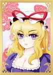  bad_id bad_pixiv_id blonde_hair breasts cleavage dress eyelashes flower frame glint hat hat_ribbon light_smile lips long_hair looking_at_viewer medium_breasts mesou-san oldschool purple_dress purple_eyes ribbon rose solo sparkle touhou upper_body white_background yakumo_yukari 