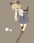  absurdres alice_margatroid animal_ears black_eyes blonde_hair boots capelet cat_ears cat_tail full_body grey_background hairband highres open_mouth sahara_mizuki simple_background solo star tail touhou 