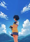  ano_natsu_de_matteru blue_hair camera cloud day kueru_(yuuki_tamerawanai) looking_back movie_camera school_uniform short_hair skirt sky solo sweater_vest tanigawa_kanna 