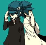  androgynous bad_id bad_pixiv_id blue_eyes blue_hair cabbie_hat crossdressing dark_persona dual_persona hand_on_headwear hat jacket labcoat long_sleeves looking_down multiple_girls open_mouth pale_skin persona persona_4 reverse_trap shirogane_naoto smile standing sugiyama08 yellow_eyes 