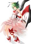  antennae bare_shoulders bifrst bow butterfly_wings cape choker corset crown frilled_skirt frills green_eyes highres princess_wriggle ribbon shoes short_hair skirt solo tiara touhou white_background wings wriggle_nightbug wrist_cuffs 