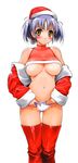  absurdres blush breasts coat halter_top halterneck hat highres ishikei large_breasts original santa_costume santa_hat simple_background solo thighhighs twintails underboob yellow_eyes 