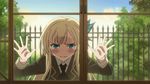  against_glass animated animated_gif blazer blonde_hair blue_eyes blush boku_wa_tomodachi_ga_sukunai bug butterfly cloud day fence hair_ornament insect jacket kashiwazaki_sena knocking necktie non-web_source school_uniform screencap sky solo tears tree 