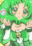  blush choker cure_march dated eyelashes green green_choker green_eyes green_hair hair_tousle highres inoue_sora long_hair magical_girl midorikawa_nao precure smile_precure! solo tiara yellow_background 