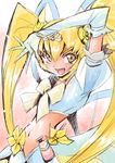  blonde_hair bow choker cure_sunshine elbow_gloves gloves heartcatch_precure! inoue_sora long_hair magical_girl midriff myoudouin_itsuki navel precure solo super_silhouette_(heartcatch_precure!) twintails yellow_bow yellow_eyes 