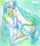  aqua_eyes aqua_hair boots detached_sleeves hatsune_miku long_hair looking_at_viewer looking_back mayo_riyo necktie skirt solo spring_onion thigh_boots thighhighs traditional_media twintails very_long_hair vocaloid 