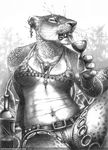  belt beverage black_and_white body_piercing bottle bracelet breasts british_flag bubblewolf clothed clothing ear_piercing feline female glass greyscale jewelry lion lioness mammal monochrome necklace piercing pot shorts skimpy teeth tongue union_jack whiskers wine wine_glass 
