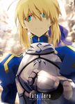  ahoge armor armored_dress artoria_pendragon_(all) blonde_hair copyright_name dress fate/zero fate_(series) gauntlets green_eyes hair_ribbon hand_on_hilt highres nogi_(acclima) rain ribbon saber solo sword weapon wet wet_hair 