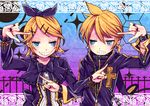  1girl alternate_costume bad_id bad_pixiv_id blush bow brother_and_sister chain cross earrings hair_bow hair_ornament hairclip jewelry kagamine_len kagamine_rin siblings toudou_charo twins vocaloid 