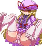  blonde_hair blush feet hakika hat long_hair no_shoes panties pussy ribbon see-through simple_background sitting smile solo spread_legs thighhighs touhou underwear very_long_hair white_background white_legwear white_panties yakumo_yukari yellow_eyes 