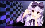  3.1-tan board_game bow checkered checkered_background chess chess_piece chin_rest hair_bow highres jum_(parallel_parasol) lavender_hair long_hair os-tan red_eyes smile solo 