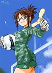  akizuki_ritsuko alternate_costume antenna_hair ball black-framed_eyewear blue_sky breasts brown_hair camouflage character_name clothes_writing cloud cosplay cowboy_shot dated day england everton_fc folded_ponytail foreshortening from_side glasses gloves goal goalkeeper hair_bun holding idolmaster idolmaster_(classic) inoue_sora jersey le_coq_sportif light_smile long_sleeves looking_at_viewer medium_breasts orange_eyes outdoors outstretched_arm pointing premier_league semi-rimless_eyewear short_hair short_shorts shorts side_slit sidelocks single_vertical_stripe sky smile soccer soccer_ball soccer_uniform solo sportswear standing taut_clothes tim_howard under-rim_eyewear updo 