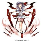  bat_wings character_name cross dual_wielding english fang gia hat holding looking_at_viewer purple_hair red_eyes remilia_scarlet short_hair skirt solo sword touhou weapon wings wrist_cuffs 