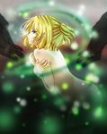  blonde_hair blurry bokeh breast_hold breasts covering crossed_arms depth_of_field eyelashes gradient gradient_background green_eyes half_updo hands light_particles lips mizuhashi_parsee nude open_hand pointy_ears ponytail profile reaching short_hair solo touhou tsukiori_sasa 