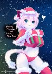  &lt;3 anthro big_breasts bikini blue_eyes breast_rest breasts cat christmas clothing english_text feline female fullmoon_gtrn_(artist) gift hair hat holidays kemono leggings legwear looking_at_viewer mammal new_year nipples open_mouth pink_hair santa_hat smile solo star swimsuit text がちりん 