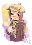  amami_haruka bag blush box brown_eyes brown_hair cabbie_hat casual coat dated gift hat idolmaster idolmaster_(classic) inoue_sora mittens satchel scarf short_hair signature solo winter_clothes winter_coat 