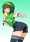  2012 adidas armpit_peek ass bent_over breasts dated fifa green_hair hairband headset idolmaster idolmaster_(classic) inoue_sora medium_breasts mole mole_under_mouth one_eye_closed open_mouth otonashi_kotori pantylines penalty_card pointing red_eyes referee short_hair shorts soccer soccer_uniform solo sportswear thighhighs watch whistle world_cup wristwatch yellow_card yellow_hairband 