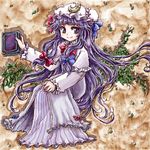  book bow crescent dress hair_bow hat holding holding_book leaf long_hair nanashii_(soregasisan) patchouli_knowledge purple_eyes purple_hair shadow smile solo striped touhou vertical_stripes 