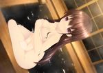  ass bath blush breasts brown_hair cleavage collarbone covering dutch_angle highres long_hair looking_at_viewer medium_breasts nude_cover original parted_lips purple_eyes shokuyou_mogura sitting soaking_feet solo steam towel water wet 