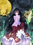  black_hair covering_mouth full_moon houraisan_kaguya long_hair moon red_eyes skirt sleeves_past_wrists solo sui-sui touhou very_long_hair yellow_moon 