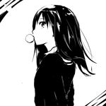  bubble_blowing cardigan chewing_gum earrings face greyscale idolmaster idolmaster_cinderella_girls jewelry long_hair looking_back monochrome profile ruichi shibuya_rin solo 