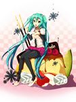  aqua_eyes aqua_hair bad_id bad_pixiv_id checkered checkered_background cherry food fruit hatsune_miku hiromin leggings long_hair no_socks open_mouth pocky pudding scrunchie sitting skirt solo strawberry trencker twintails very_long_hair vocaloid 