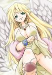  angel angel_wings artist_request blonde_hair breasts censored cleavage feet femdom footjob green_eyes highres ilias jewelry large_breasts lots_of_jewelry mon-musu_quest! pointy_ears pussy wings 