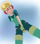 blue_eyes blush boots cabbie_hat choker covering covering_crotch from_below gloves green_legwear hat langley_(pokemon) open_mouth panties pencil_skirt pokemon pokemon_(anime) pokemon_bw_(anime) purple_hair ribonzu short_hair skirt skirt_tug solo thighhighs underwear 
