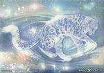  2009 abstract abstract_background ambiguous_gender feline fur hindpaw khaosdog leopard mammal monochrome paws realistic snow snow_leopard solo traditional_media watercolor white_eyes white_fur 