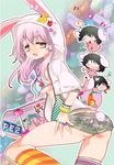  animal_ears ass black_hair breasts bunny_ears bunny_tail chibi contemporary extra_ears inaba_tewi lavender_hair leaning_forward long_hair multiple_girls peace_symbol pose purple_eyes reisen_udongein_inaba short_hair shorts skateboard small_breasts tail tannkobuiwa touhou underboob 