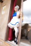  apron bow cosplay curtain curtains door dress female highres izayoi_sakuya jewelry lenfried necklace photo solo stained_glass thighhighs touhou widow window 